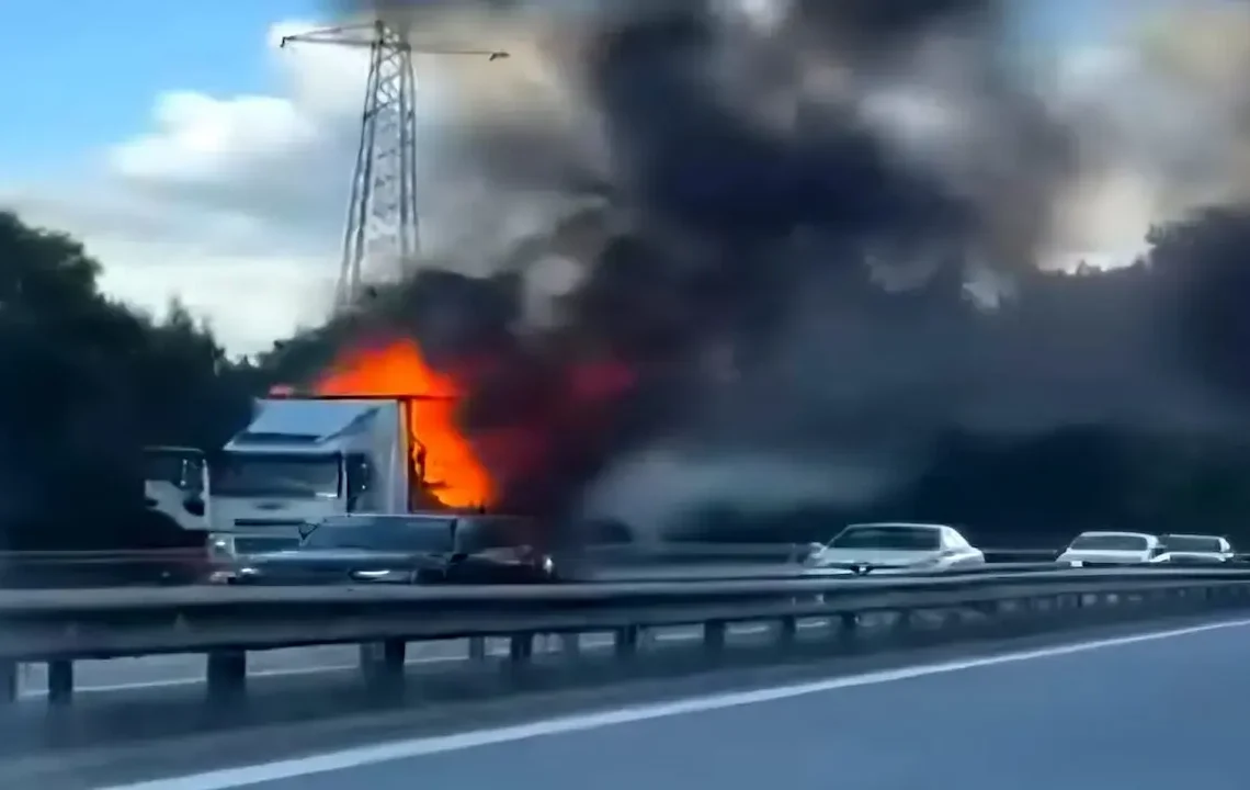 Otoyolda kargo kamyonu alev alev yandı