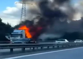 Otoyolda kargo kamyonu alev alev yandı